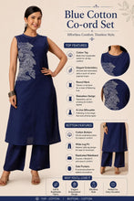 Navy Blue Long Co-ord Set with White Embroidery