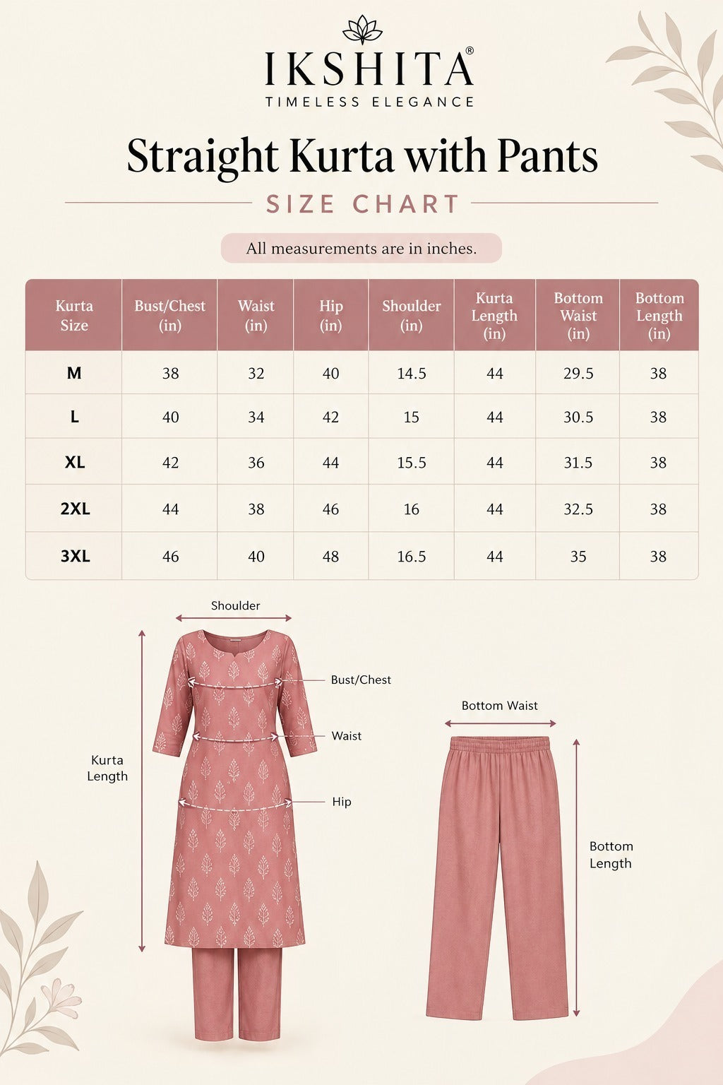 Ivory Floral Embroidery Kurta  Set Size Chart