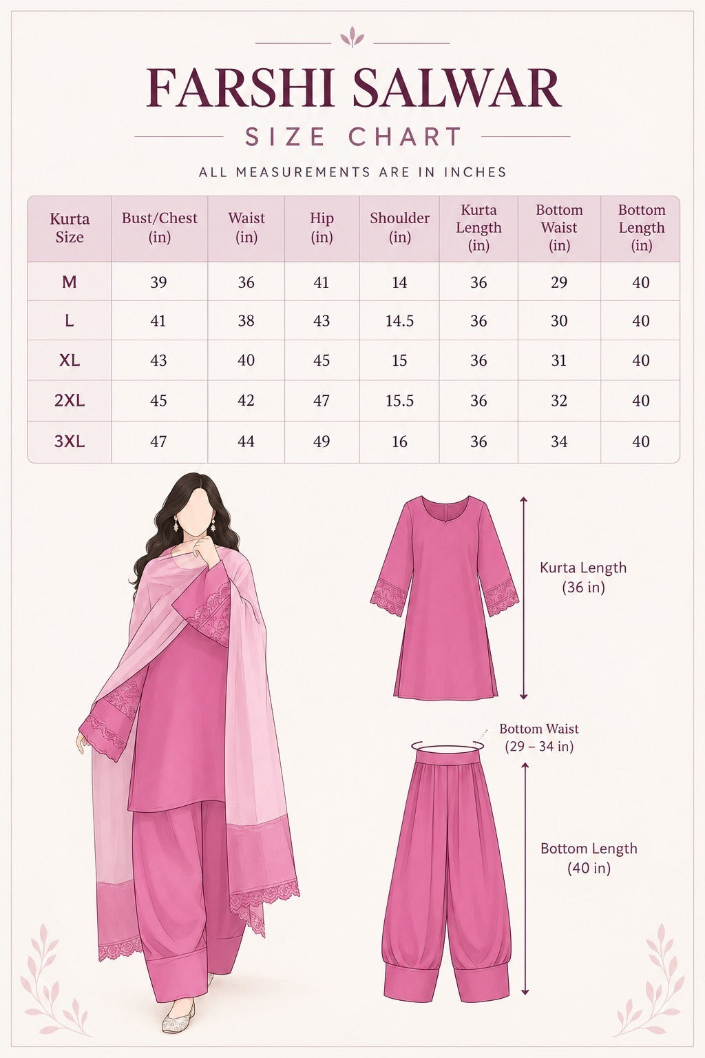 Navy Blue Kurta Sets Suit with elegant floral Motif Size Chart