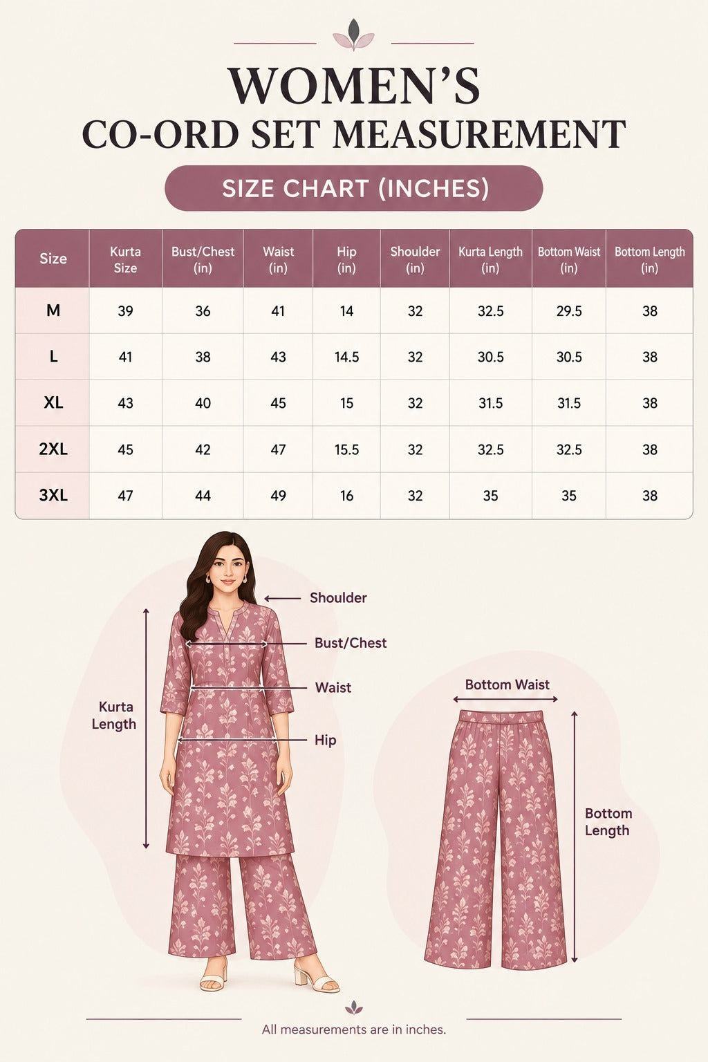 Paisley & Geometrical Kurta Set Size Chart