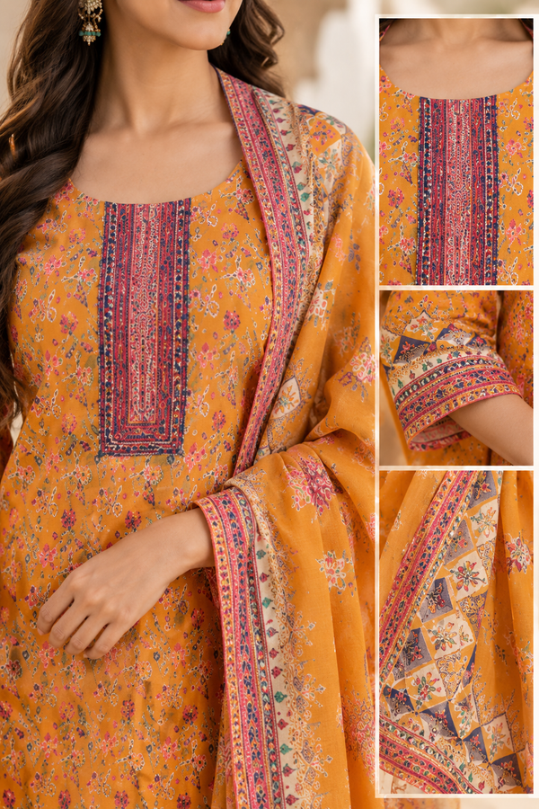 Mustard Floral Printed Kurta Set with Dupatta