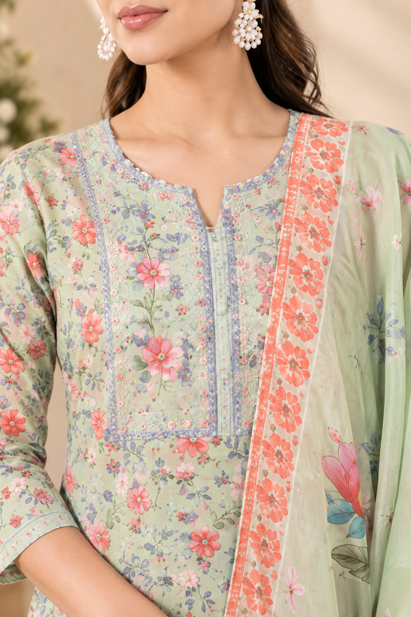 Mint Green Floral Printed 3-Piece Suit Set