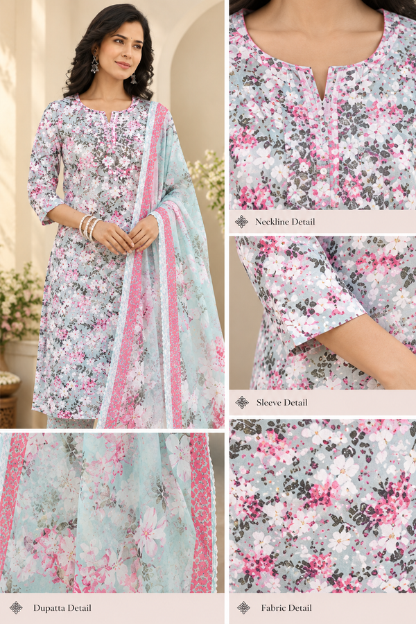 Sage Green Floral Printed Kurta Set
