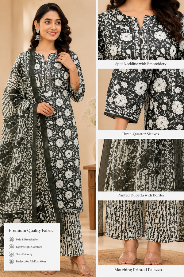 Green  Floral Printed Cotton Suit Set