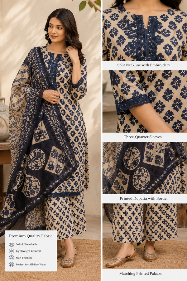 Navy Blue Floral Printed Kurta Set