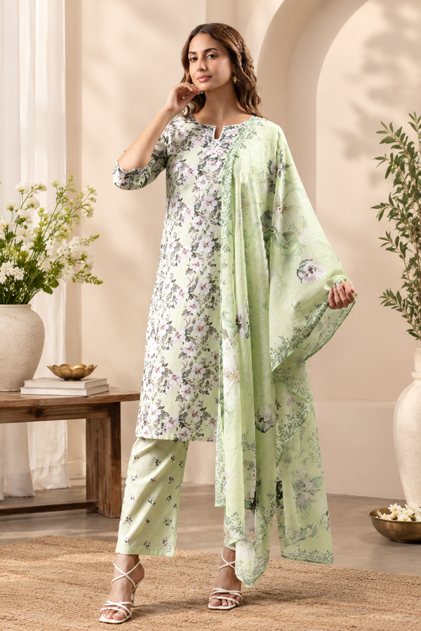Green Floral Printed 3-Piece Suit Set