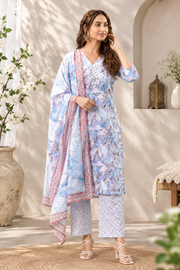 Blue Printed Kurta Set