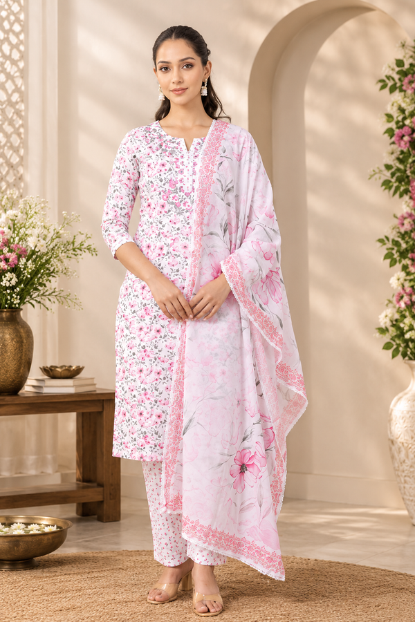 White Floral Printed 3-Piece Suit Set