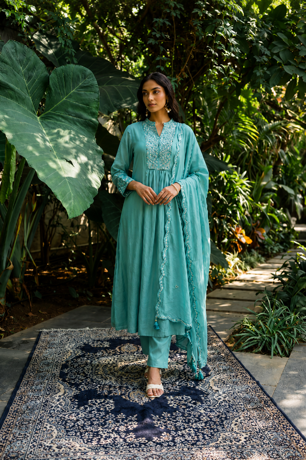 Blue Flared Kurta Set with Silver Chevron Embroidery