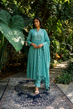 Blue Flared Kurta Set with Silver Chevron Embroidery