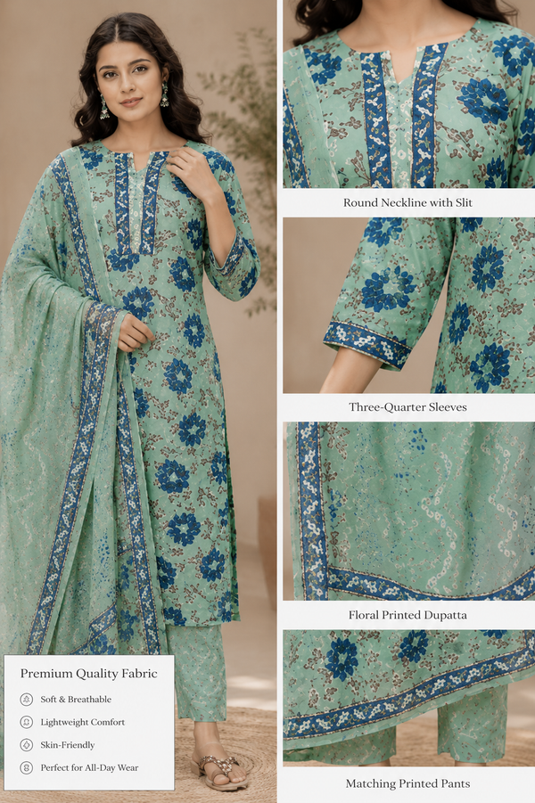Green Floral Printed Cotton Suit Set