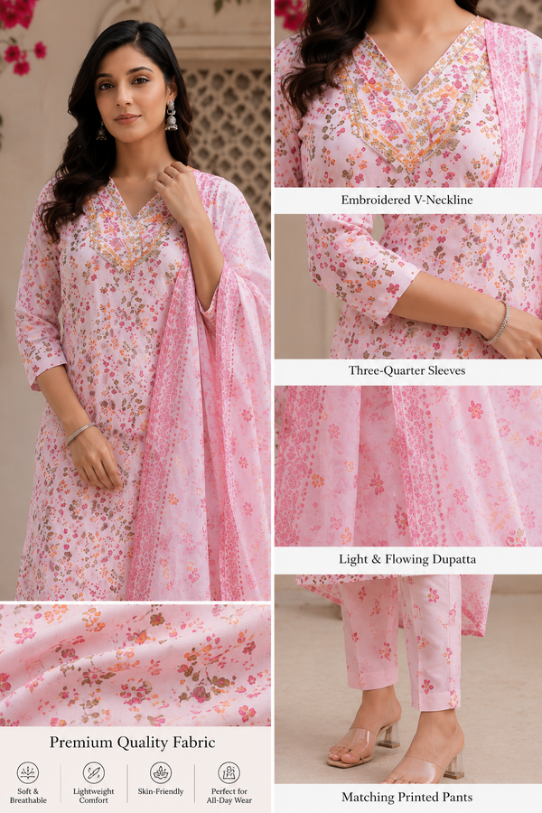 Peach Floral Printed Cotton Kurta